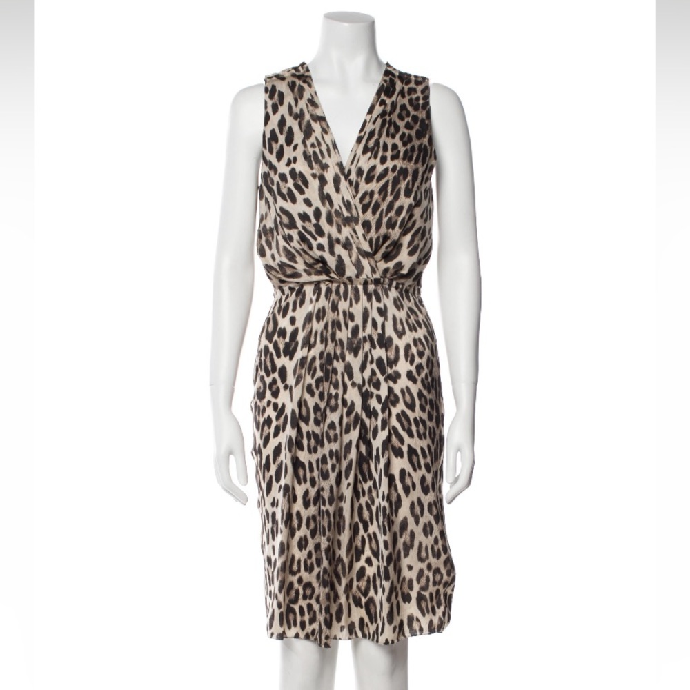 L’AGENCE Neutral Tan Taupe Black Animal Print Silky VNeck Sleeveless Dress - Picture 3 of 12